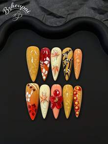 10pcs Elevate Your Style With Long Handmade Acrylic Press On Nails Featuring 3D Red Floral Carvings, Maple Leaf Sculptures, Hand-Painted Flower Details, And 3D Water Ripple Textures-Ideal For Creative, Playful, And Standout Nails. - 薑色 - 查看 1