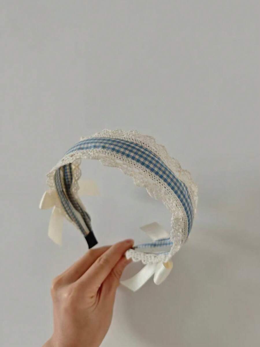 洛丽塔蕾丝蓝色格子蝴蝶结发箍，可爱甜美宽檐发箍，日韩小众风格 - 淺藍色 - 查看 1