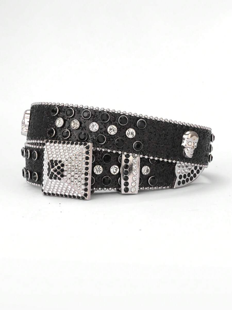 Cinturón con calavera con tachuelas de strass, cinturón de cintura, estilo hip hop - Diamantes de imitación piramidales - Ver 1