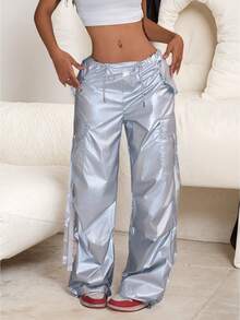 Y2K Streetwear Style Solid Color Drawstring Waist Flap Pocket Decor Loose Wide Leg Cargo Pants, Khaki - Silver Gray - View 3