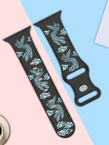 雕花凤凰吉祥鸟图案表带，兼容 40mm、41mm、42mm、44mm、45mm、46mm、49mm 表款。柔软舒适，休闲运动两相宜的硅胶表带，兼容 Series Ultra/11/9/8/7/6/5/4/3/SE。复古纹身风格智能手表表带，男女皆宜。 - 黑色錶帶配冰藍色鳳凰 - 查看 6