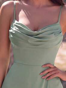 Women's Elegant Spaghetti Strap Evening Gown, With Ruched Bodycon Bodice And High Slit Design - Spring/Summer Formal Dress, Suitable For Formal Dinners, Weddings, Red Carpet Events, Luxury Parties, Bridesmaid Dresses, Summer Vacation Outfits - Mint Green - View 3