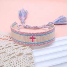 1pc Embroidered Cross Boho Handmade Woven Tassel Bracelet - Multicolor - View 6