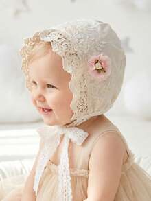 1pc White Pointed Lace Flower Retro Hat, Embroidered Headpiece, Soft Regal Style Cap - Pink Floral Print - View 7