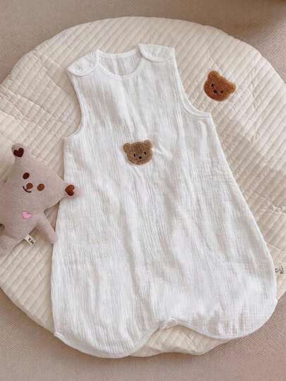 1pc Cute Bear Head Sleeping Bag, Ins Style Sleeveless Infant Sleeping Bag, Soft & Breathable Sleeveless Newborn Anti-Kick Blanket, Adorable Bear Head Embroidery Pattern, Perfect Gift For Baby!