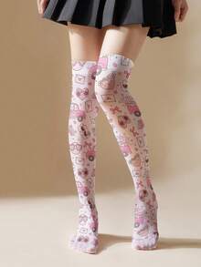 半双装 360°爱心印花过膝袜，甜美少女风，高弹亲肤冰丝面料，日系洛丽塔/JK风格，修身剪裁，适合春夏、日常穿着、动漫展、甜美酷炫穿搭、通勤，Y2K复古风 - 白色 - 查看 3