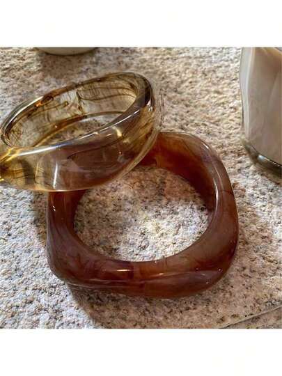 Women's Wide Square Touch Marble Semi-Transparent Toffee Amber Bracelet
