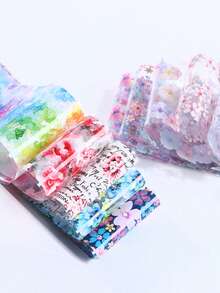 10pcs Summer Floral Nail Art Transfer Foil, Watercolor Ombre Pink & Purple Flower Pattern, Galaxy Nail Decor DIY Supplies - Multicolor - View 7
