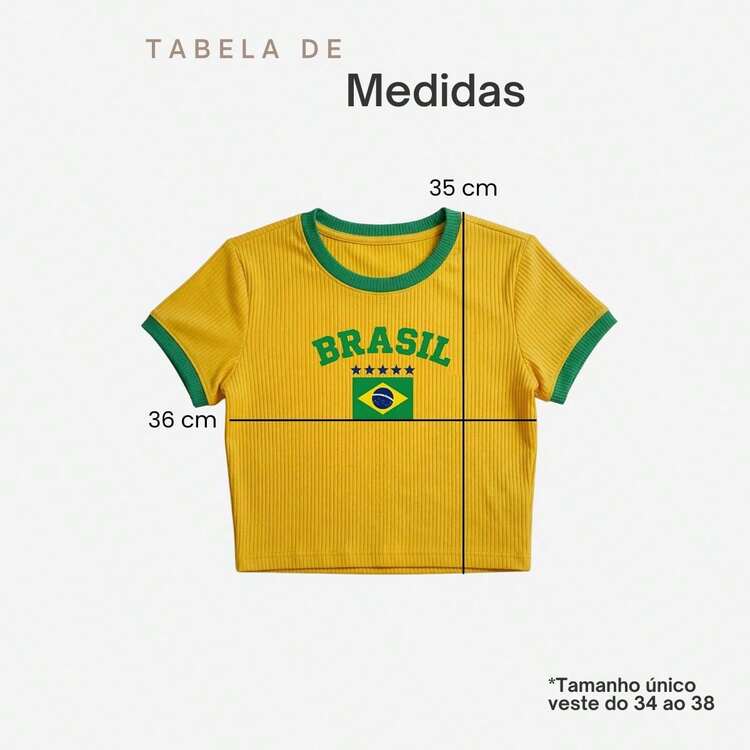 Blusa Feminina Cropped Brasil Estampada Ribana Canelada Copa do Mundo Camiseta Premium - Amarelo - Visão 3
