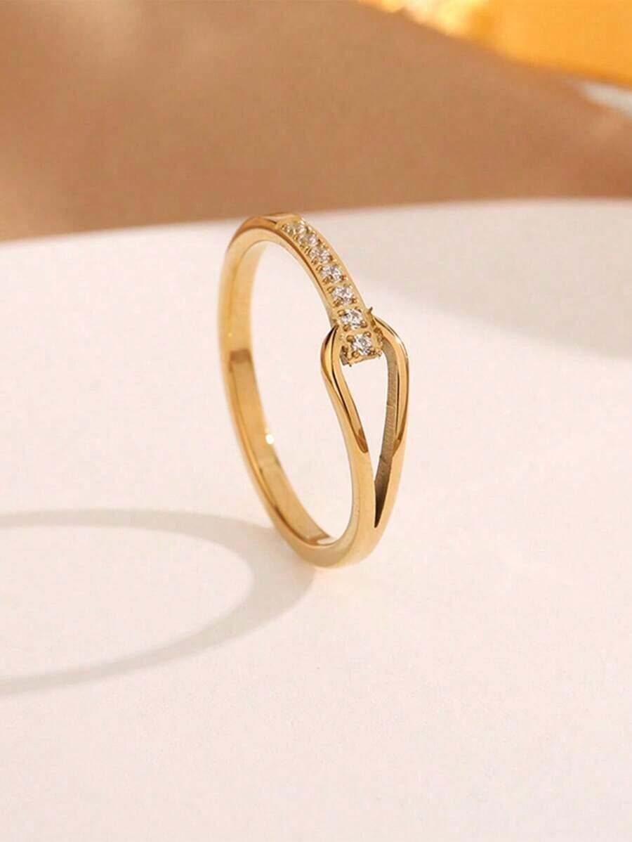 1pc Stainless Steel Geometric Shape Rhinestone Inlaid Ring, Fashionable Drop Shaped Hollow Out Design - Vàng - Xem 1