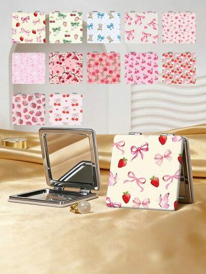 1个Y2K美学紧凑折叠化妆镜，轻巧便携手持镜，耐用PU皮革材质，适合各种场合和人群，可折叠方形口袋镜