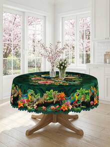 1 pieza Mantel con estampado de leopardo, loro y flores exóticas de estilo tropical y selva en color verde oscuro, estilo vintage elegante 100% poliéster, redondo/ovalado/rectangular/cuadrado con volante, a prueba de polvo y lavable para decoración del hogar, cocina, boda, mesa de comedor, centro de la habitación, decoración retro - Multicolor - Ver 5