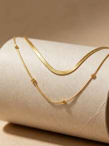 1条不锈钢双层链项链，简约饰品扁平蛇形链项链，适合日常佩戴 - 金黃色 - 查看 6