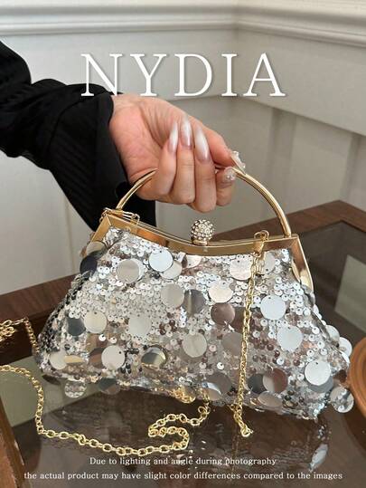 1pc Silver Glitter Clutch Bag, Large Glitter Design, Metal Frame Clasp Handbag, Multipurpose For Party Wedding Banquet, Women Handbag (Due To Lighting And Angle During Shooting, The Actual Product May Have Slight Color Difference From The Image)