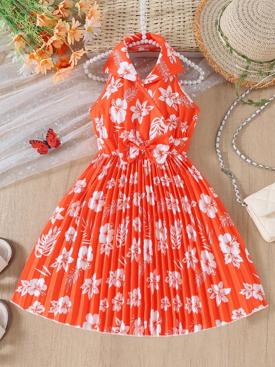 Summer Girls Casual Ditsy Floral Halter Pleated Dress - Burnt Orange - View 1