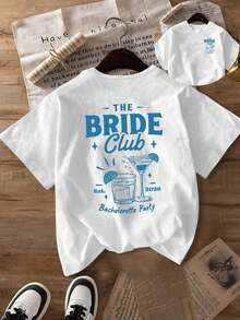 Casual Short-Sleeved Crew Neck T-Shirt With A Hand-Painted Vintage Blue Wine Glass Print And The Slogan "Bride Club" In Retro American Font. Suitable For Students, Everyday Wear, Vacations, Etc. BlancoTee - 白色 - 查看 4