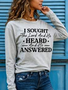 Women I Sought Lord Religious Long Sleeve Tee, Bold Inspirational Verse Print Soft Breathable Casual Faith Top Ideal Christian Gift Daily Wear - 淺灰色2 - 查看 3