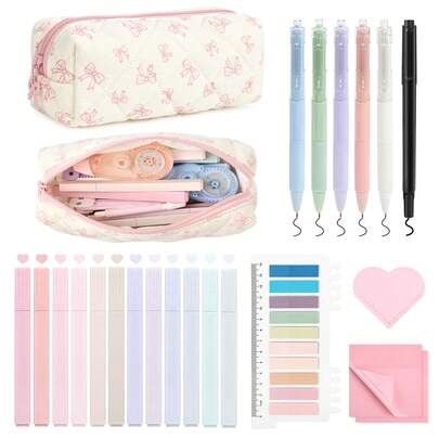 22Pcs Book Annotation Kit Aesthetic Pencil Case With Supplies School Annotation Supplies Gel Pen Transparent Sticky Note Taking Bible Study College Stationery Supplie (Pink Bows Hearts)