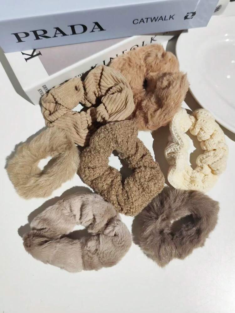 7pcs Women Autumn/Winter Plush Rabbit Fur Scrunchies, Solid Color Thick Simple Versatile Cute Hair Accessories Suitable For Daily Wear, Ponytail, Makeup Matching - Multicolor - View 2
