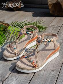 WRCVS Sandal nữ màu be, sandal quai đan, sandal đế xuồng mùa hè, sandal đan đính hạt thủ công, họa tiết ngẫu nhiên, sandal nhẹ nhàng phong cách bohemian cho kỳ nghỉ, sandal ngoài trời cao cấp. - Màu be - Xem 6