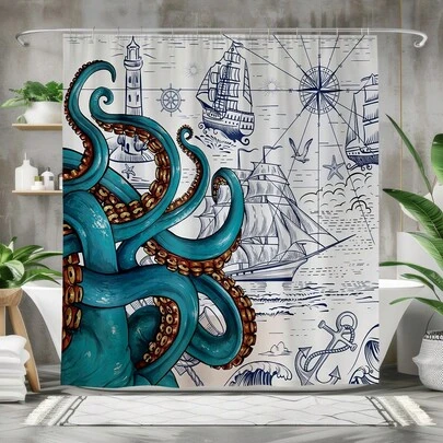 1 chiếc rèm tắm phẳng 2D hình bạch tuộc, chủ đề hàng hải với la bàn, mỏ neo và hải đăng, trang trí phòng tắm theo phong cách biển cả. Vải polyester chống thấm nước, phù hợp cho phòng tắm gia đình. Thiết kế thời trang và nghệ thuật với các yếu tố đại dương.