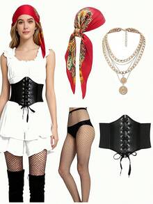 4 Stück/Set Damen Sommer Piraten Kostüm Zubehör, Erwachsenen Rollenspiel Outfit, inklusive Gürtel, Piraten Jacke, Kopftuch, Oberschenkel-hohe Socken und Halskette. Geeignet für Rollenspiele, Kostümpartys, Themenpartys und mehr - Verschiedenfarbig - Übersicht 6