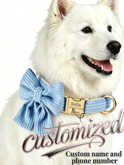 Vòng cổ nơ bướm cá nhân hóa cho thú cưng, khắc tên và số điện thoại theo yêu cầu, mềm mại, có thể điều chỉnh, dành cho chó và mèo.