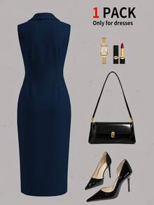 优雅V领无袖女士套装连衣裙，纯色修身包臀中长连衣裙，侧边纽扣设计，适合工作、商务会议、通勤和日常休闲穿着，女士夏季连衣裙，春假穿搭 - 寶藍色 - 查看 11