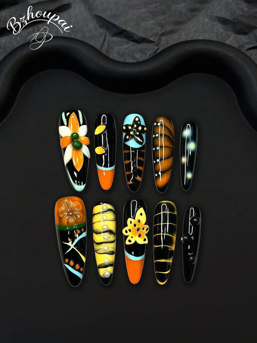 LIVENTO 10pcs Stunning Hand-Painted Handmade Press On Nails With 3D Carved Flowers, Dimensional Details, And Faux Pearl Accents-Perfect For Bold, Sweet, And Statement-Making Long Acrylic Nails. - 黑色 - 查看 1