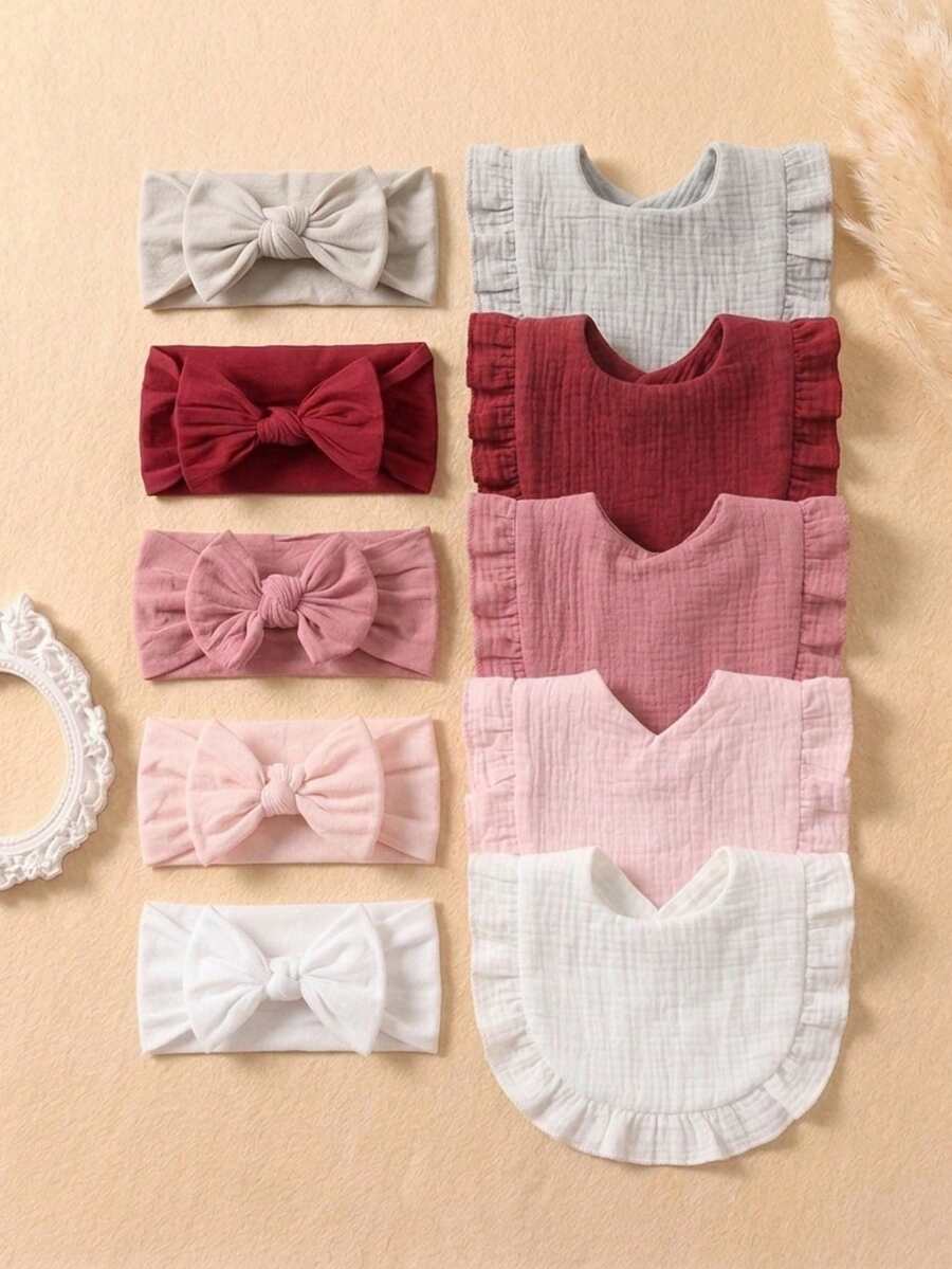 Bộ 10 món băng đô che thóp cho bé + yếm ăn có bèo nhún dễ thương, bộ yếm ăn phù hợp sử dụng hàng ngày cho mọi mùa. - Nhiều màu - Xem 1