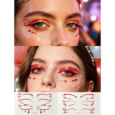 2片装3D红金眼线贴纸，面部临时纹身，音乐节派对眼妆装饰DIY