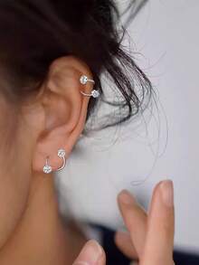 2pcs Diamond Ball S-Shaped Spiral Screw Cartilage Earrings For Women - Silver - View 8