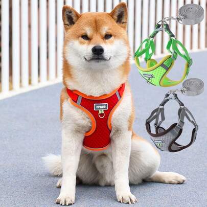 2pcs Pet Harness & Leash Set, Breathable Mesh Fabric Vest-Style Pet Chest Strap With Reflective Strips, Suitable For Outdoor Walking And Night Use For Cats And Dogs