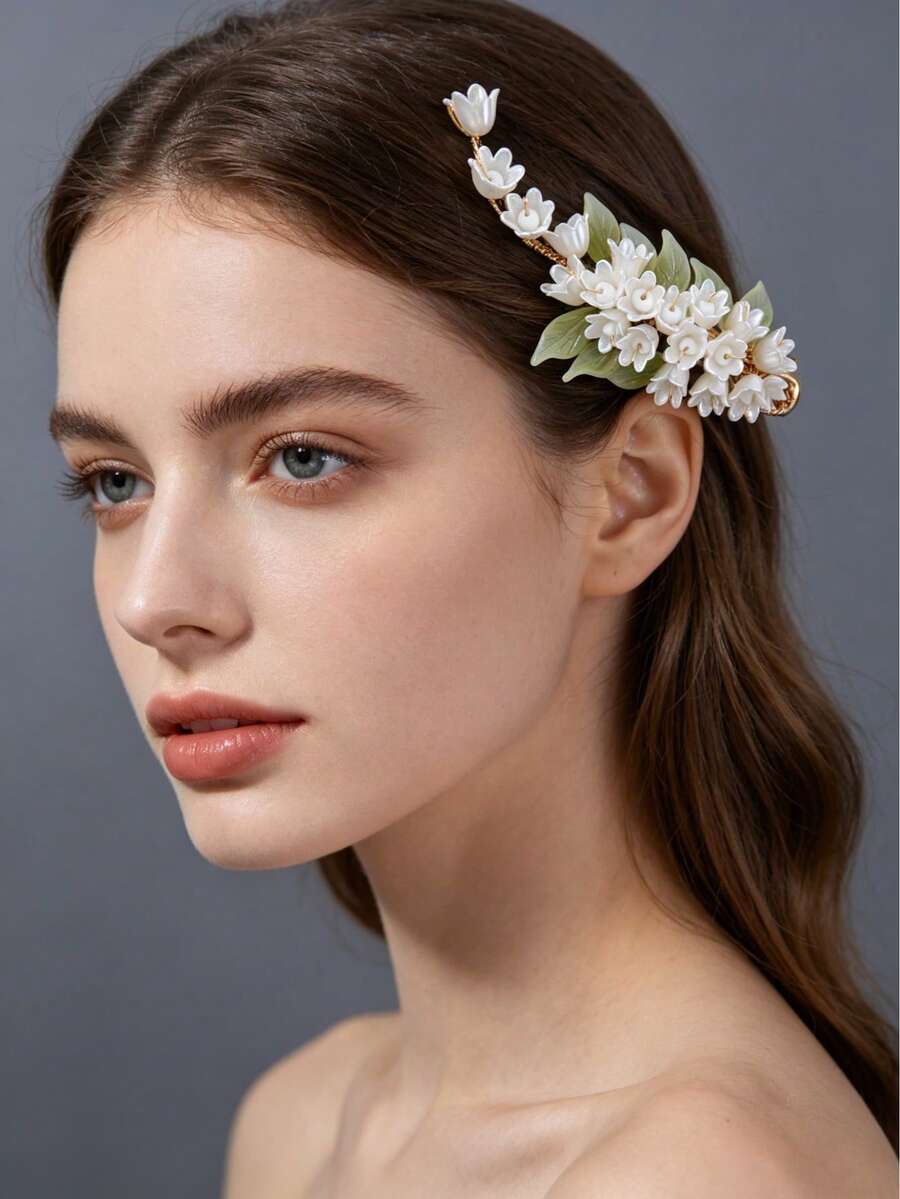 1pc Lily Of The Valley Flower & Leaf Retro Hair Clip, Suitable For Bride Wedding, Daily Party, Banquet And Other Occasions - Gold - View 1