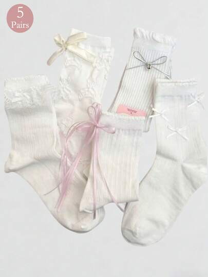 5 paires de chaussettes de ballet à volants en dentelle blanche mignonne pour femmes, design mi-mollet fin, convient pour le printemps, l'été et l'automne