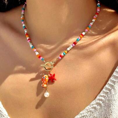 1pc Bohemian Ceramic Fish & Starfish Tassel Pearl Pendant Necklace, Suitable For Summer Beach, Dating, Gift For Girlfriend