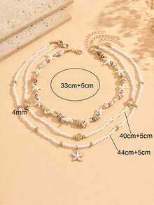 3pcs/Set Bohemian Style Shell & Starfish Beaded Necklace Set, Unique Design Starfish Pendant & Pearl Necklace, Multi-Layer Wearable For Daily, Date, Vacation - Multicolor - View 4
