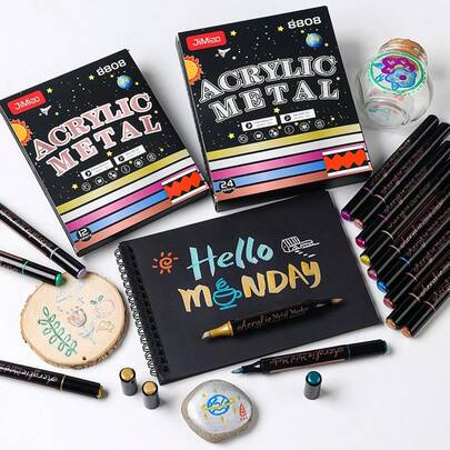 1pc Double-Ended Metallic Color Marker Pen, 12/24 Colors Non-Pressing Marker Brush Pens For Art, DIY Graffiti, Quick-Drying Metallic Color Pens