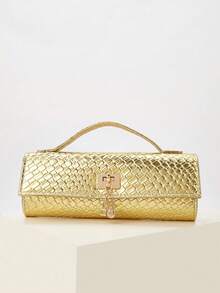 Noctella Fashionable Luxury Gold Crocodile Embossed PU Clutch Bag, With Shiny Metallic Silver Finish, Accented By Square Lock Clasp And Cylindrical Handle. Ideal For Attending Galas, Cocktail Parties And Red Carpet Events, Effortlessly Creating A Bold And Glamorous Fashion Statement. A Perfect Gift For Women. - Gold - View 2