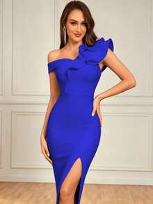 One-Shoulder Ruffle Hem Slit Bodycon Tie-Waist Dress, Suitable For Parties, Galas, Formal Occasions Wedding Party - Royal Blue - View 1