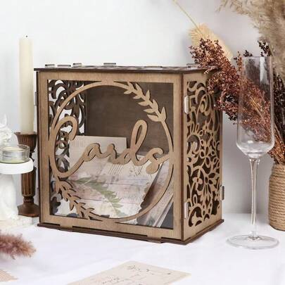 Wooden Vintage Ornament, Warm Holiday Wedding Welcome Message Suitable For Graduation Season, Party Card Box, Hollow Floral Pattern, Postcard Holder Set 1pc, Record Beautiful Moments