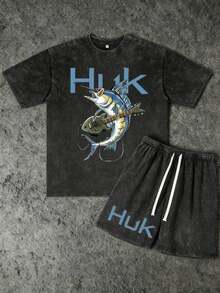2PCS Set Men's Vintage Guitar Marlin Huk Print 100% Cotton Washed Black Short Sleeve T-Shirt And Drawstring Shorts,Suitable For Summer Wear, Outdoor Fishing, Casual Shorts T-Shirt Shorts Set - 黑色 - 查看 1