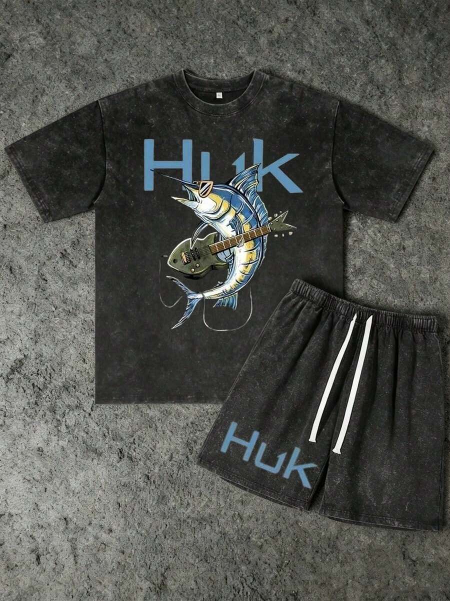 2PCS Set Men's Vintage Guitar Marlin Huk Print 100% Cotton Washed Black Short Sleeve T-Shirt And Drawstring Shorts,Suitable For Summer Wear, Outdoor Fishing, Casual Shorts T-Shirt Shorts Set - 黑色 - 查看 1