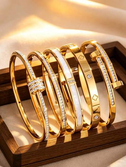 5 peças/3 peças Pulseiras de Bracelete Minimalistas e da Moda em Aço Inoxidável com Incrustação de Vidro em Trevo de Quatro Folhas, Adequado para Mulheres Usarem em Passeios, Férias, Festas ou Encontros, Ótimo Presente para Ela