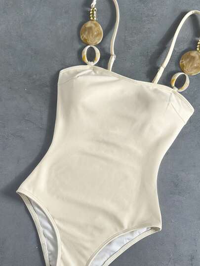 Bikinx 2026 Women's Fashionable Elegant Backless One-Piece Swimsuit, Decorated With Beaded Chain Shoulder Straps, Solid Color Fabric With Wireless Design, Showcasing Graceful Elegance