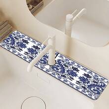 1pc Blue And White Porcelain Pattern Faucet Mat, Polyester, Quick Drying, Easy To Clean, Suitable For Kitchen And Bathroom, Easy Installation, Daily Decor, Gift, Bathroom Mat, Faucet Mat, Faucet Accessory - Multicolor - View 2