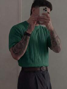 Jersey de punto de cuello redondo de manga corta acanalado para hombre, primavera/verano - verde oscuro - Ver 2