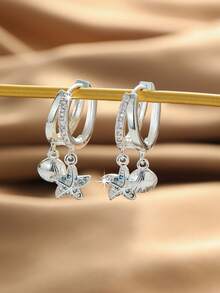 1 Pair Cute Ocean Creature Starfish & Shell Pendant Thick Silver Plated Hypoallergenic Double Arc Hoop Earrings With Cubic Zirconia, Summer Vacation Beach Style - Multicolor - View 8