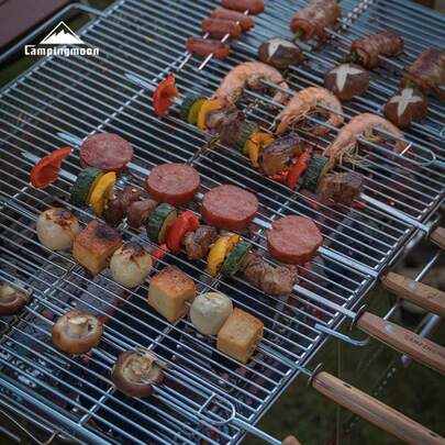 CAMPINGMOON Portable Folding Steel BBQ Skewer For Outdoor Camping Garden Cooking Portable Foldable BBQ Skewer K480
