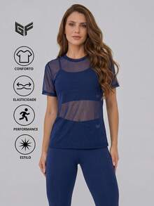 Women's 3-Piece Gym Set | Padded Top + Leggings + Tulle Blouse – Comfort & Elegance, Stylish And Transparency-Free Women's Gym Outfit - 藏蓝色 - 查看 5